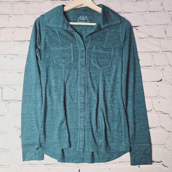 Prana Luna Button Up Turquoise Blue Heathered Pocket Accent Size S - Picture 1 of 8
